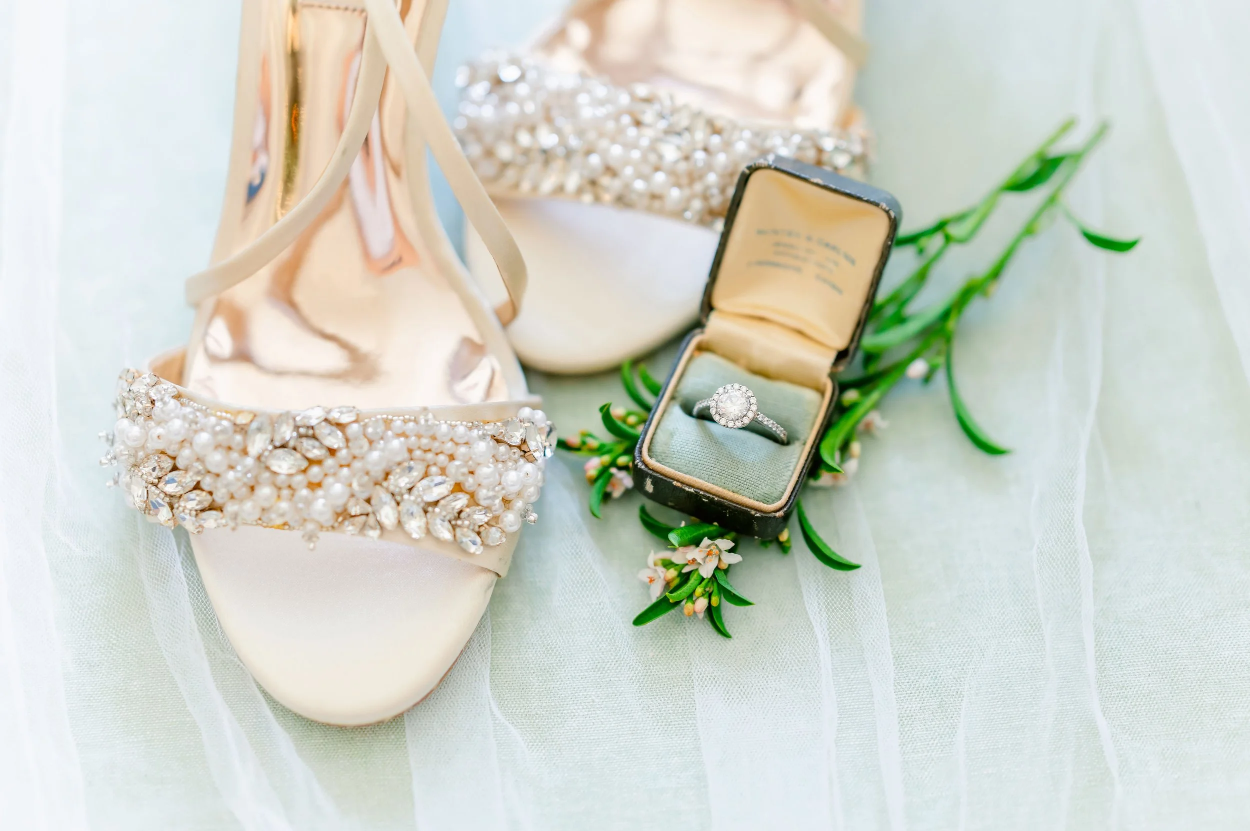 Close-up of pearl-embellished high heels and a diamond engagement ring in a box, with greenery on a light background.