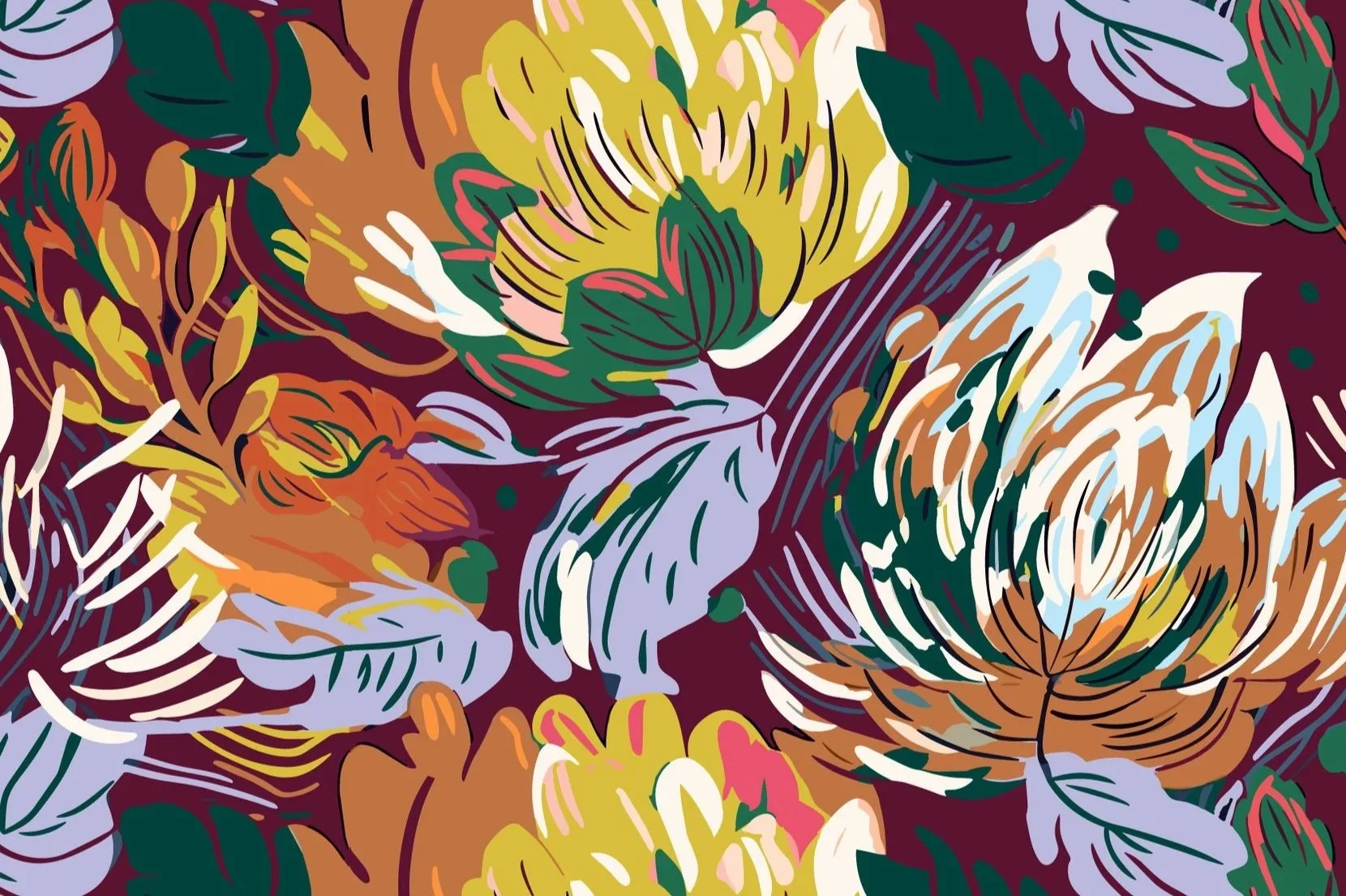 Colorful floral pattern with various flowers and leaves in shades of yellow, orange, purple, green, and white, on a dark maroon background.