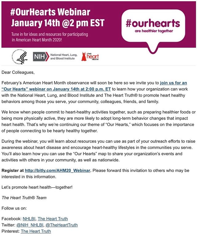 February is American Heart Month! To get a head start, please join for the &ldquo;Our Hearts&rdquo; webinar on January 14th at 2:00pm ET! 
Register at http://bitly.com/AHM20_Webinar 
#hearthealth #sahelistudy #southasianhealth