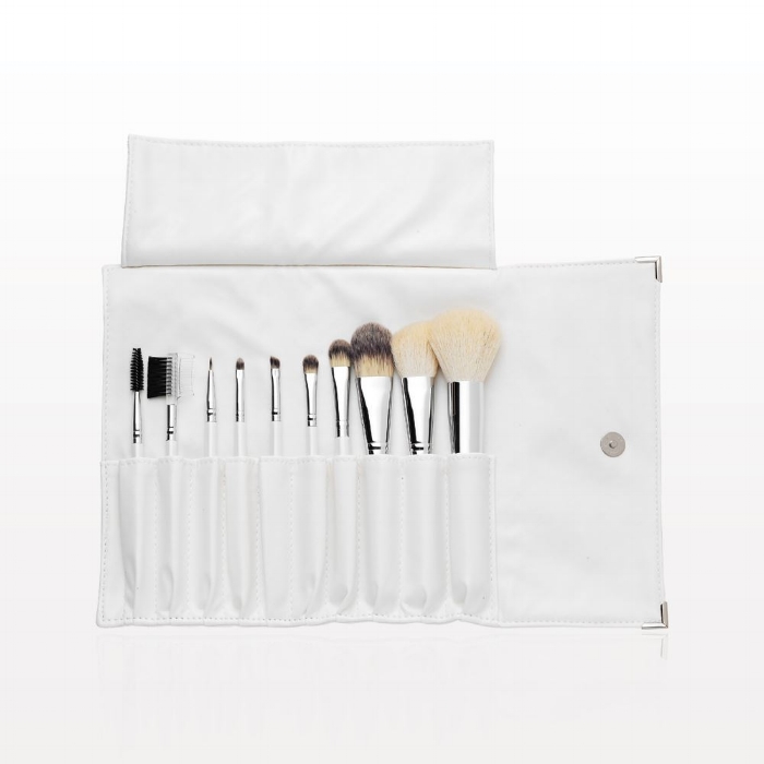 10-piece professional brush set has all the necessary tools for flawless makeup application. This set conveniently comes packaged in a luxurious white leatherette fold and snap case. Special Tip: Cleaning your Brushes.To clean your brushes quickly between makeup applications, simply mist the hairs of your brush with our All Natural Brush Cleaner and let them set for about 30 seconds. Vigorously rub your brush across a clean cloth until clean. Be sure to clean your brushes with our Anti-Bacterial Brush Shampoo at least once a month. Let them air dry. This inhibits the growth of bacteria. Proper brush care will extend the life of your professional brushes.