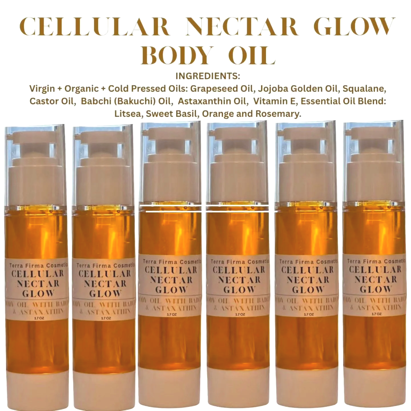 Cellular Nectar Glow Body Oil Made by Terra Firma Cosmetics, this body oil blend combines deep hydration with targeted skin-rejuvenating actives.