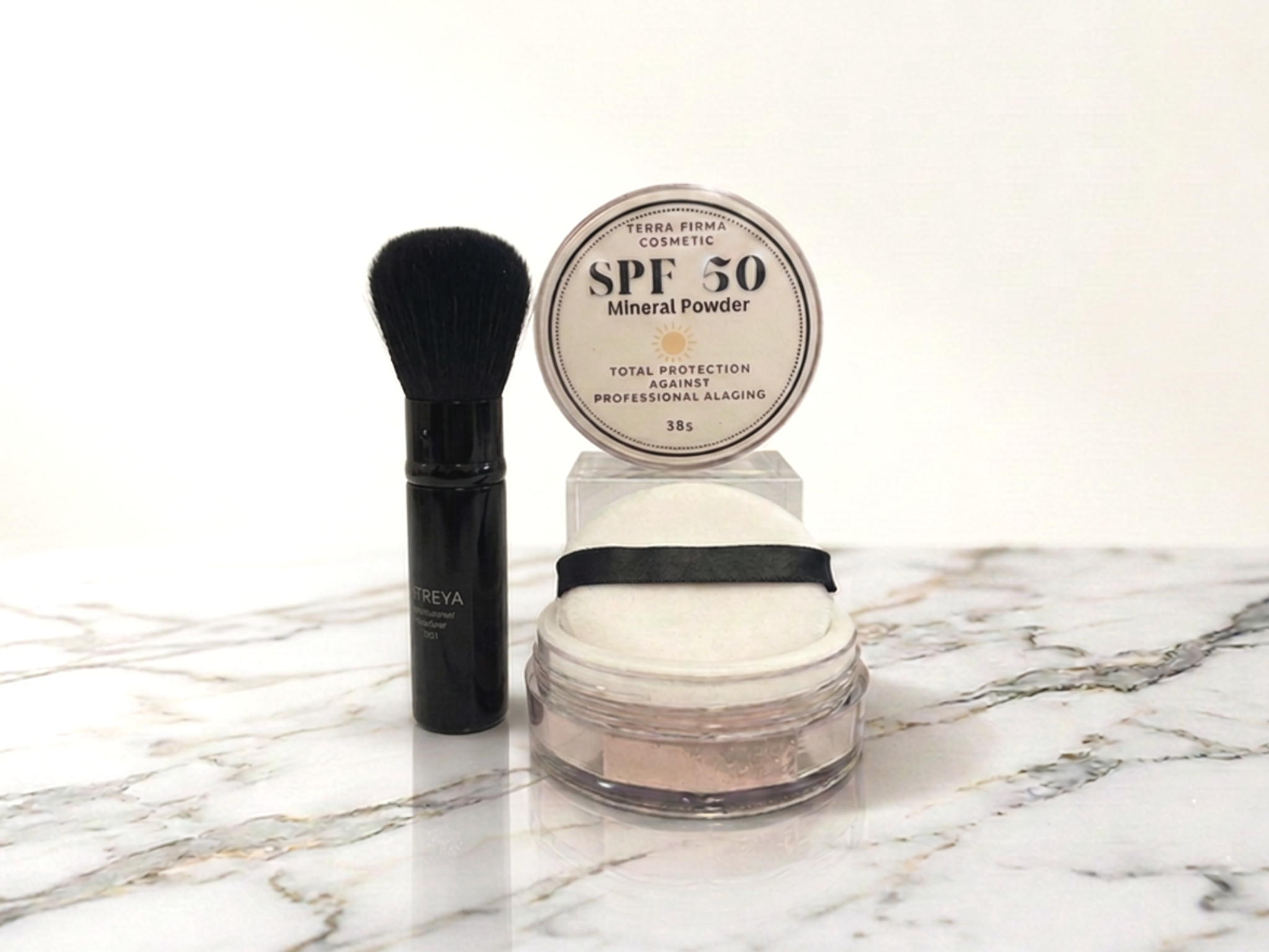 Terra Firma Cosmetics, perfect Summer SPF 50 Loose Mineral Foundation can be worn as a foundation or finishing powder for all day UVA, UVB and Blue Light protection- All natural beauty care