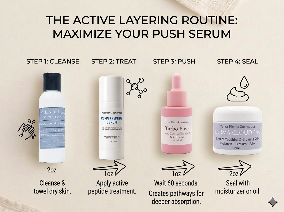 Turbo Push Serum will carry whatever molecules are sitting on your face deep down into your tissue resulting in clinical-level results.