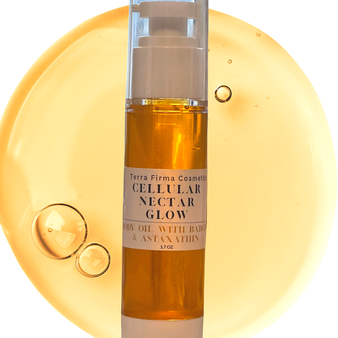 Cellular Nectar Glow Body Oil by Terra Firma Cosmetics contains Organic, Virgin Cold-Pressed Nutrient Oils.