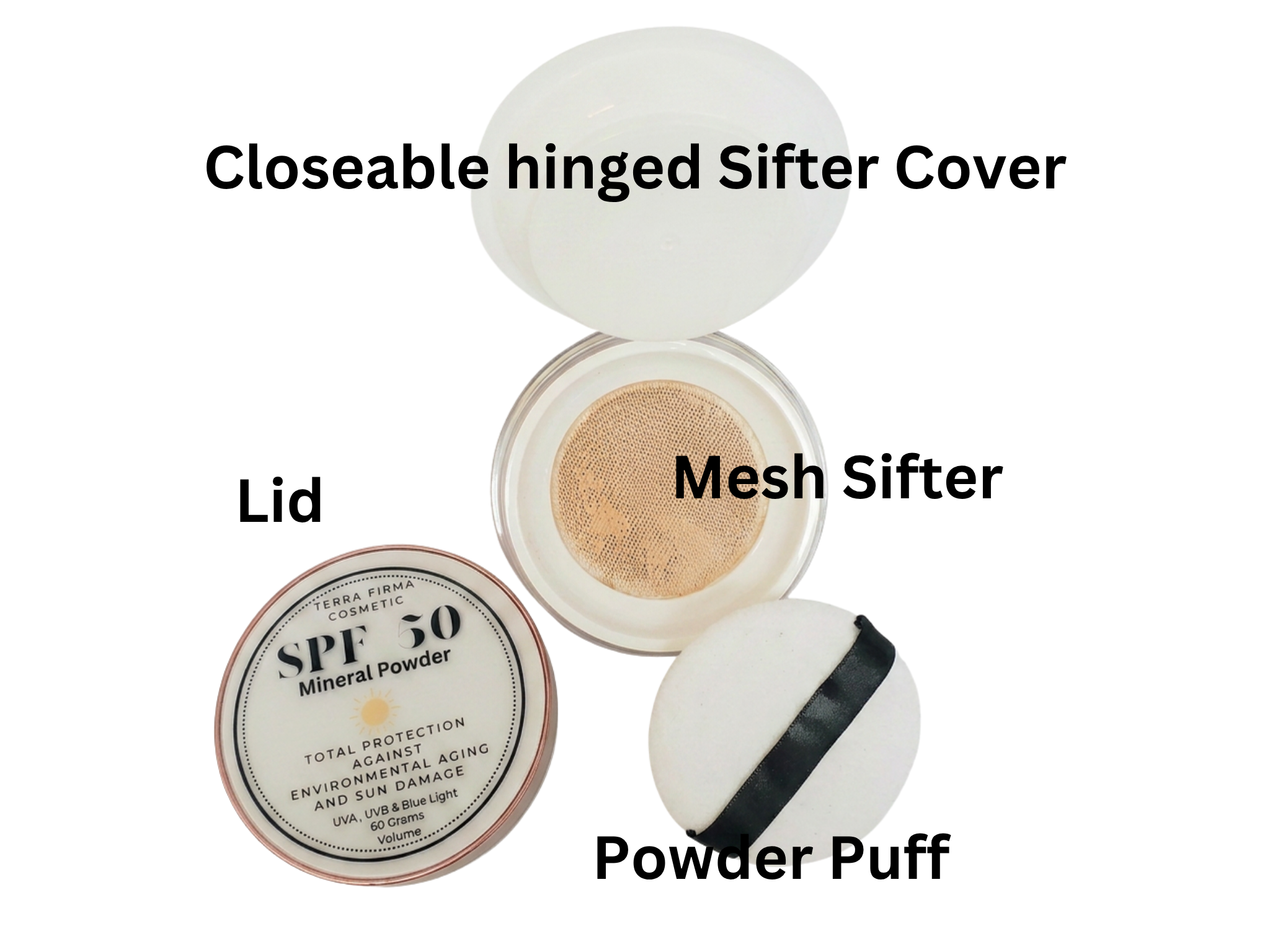 Terra Firma Cosmetics SPF 50 Loose Mineral Foundation can be worn as a foundation or finishing powder for all day UVA, UVB and Blue Light protection- All natural beauty care