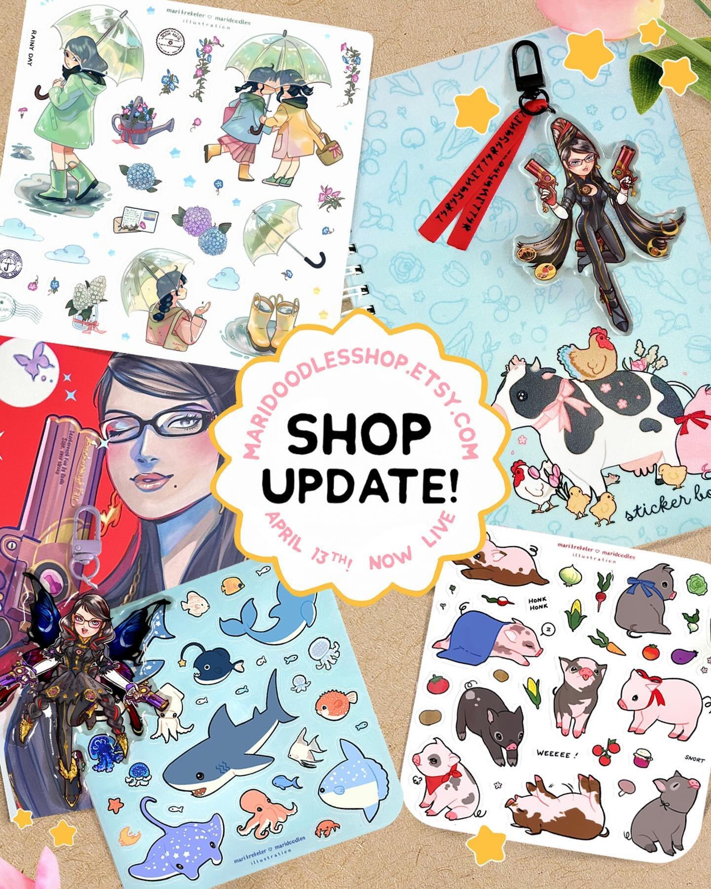 Shop update live! Etsy shop link in bio!
MaridoodlesShop.Etsy.com

Bayonetta 4&rdquo; acrylic charms and prints are now available! New sticker sheets and sticker book!

And restocks on previous sticker books, prints, ff7 charms and more! Thank you fo