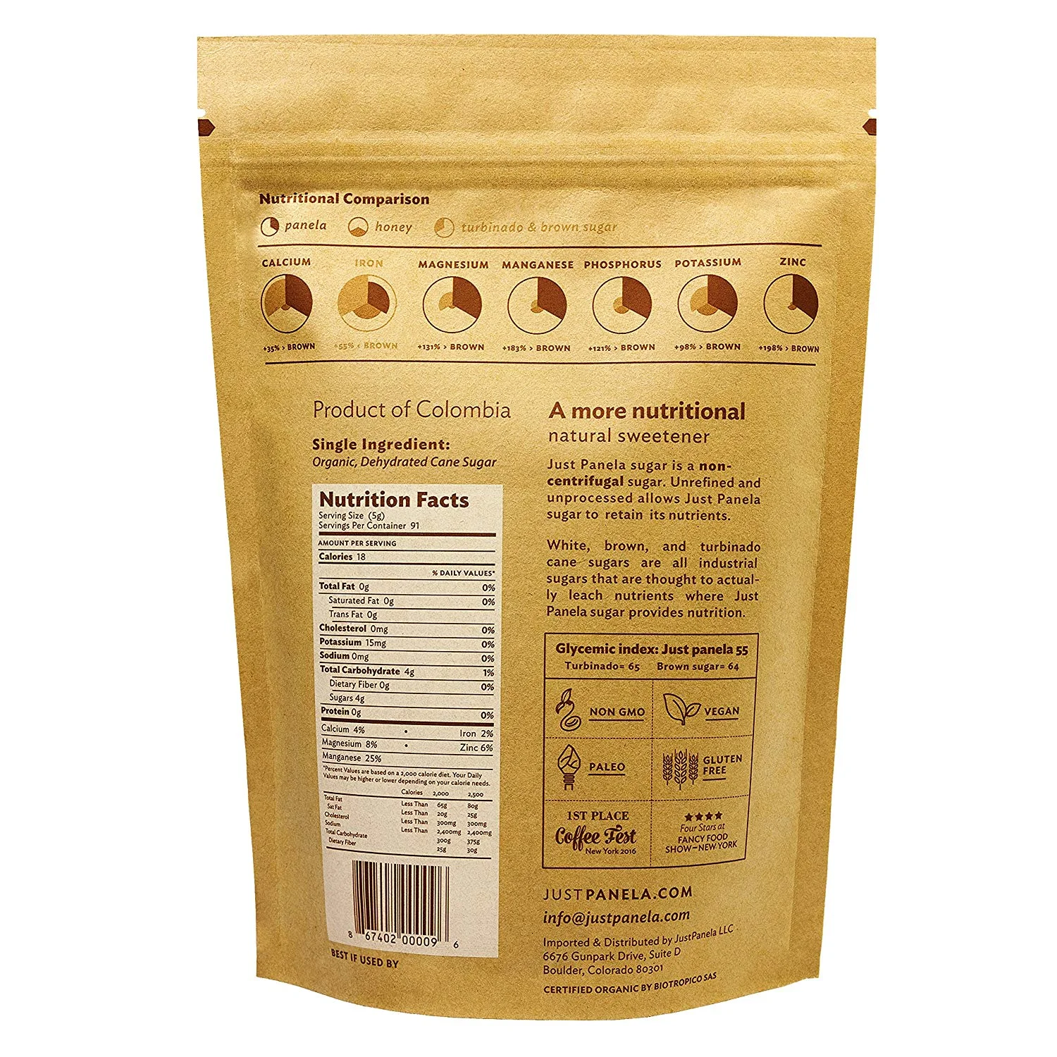 1 lb bag organic raw sugar panela back