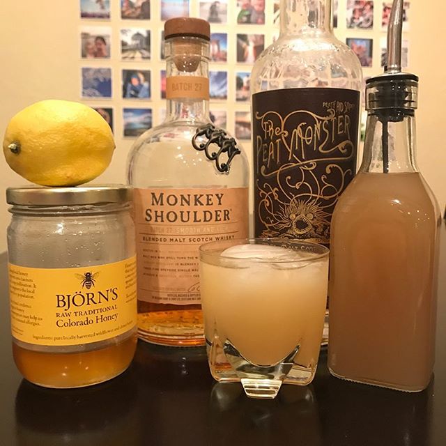 Another take on the Penicillin Cocktail. Instead of muddling ginger I made a ginger syrup and mixed with #Colorado honey. 
Topped with Peat Monster. 👍

#cocktails #drinks #cocktail #mixology #imbibe #instabar #drink #drinkstagram #whiskey