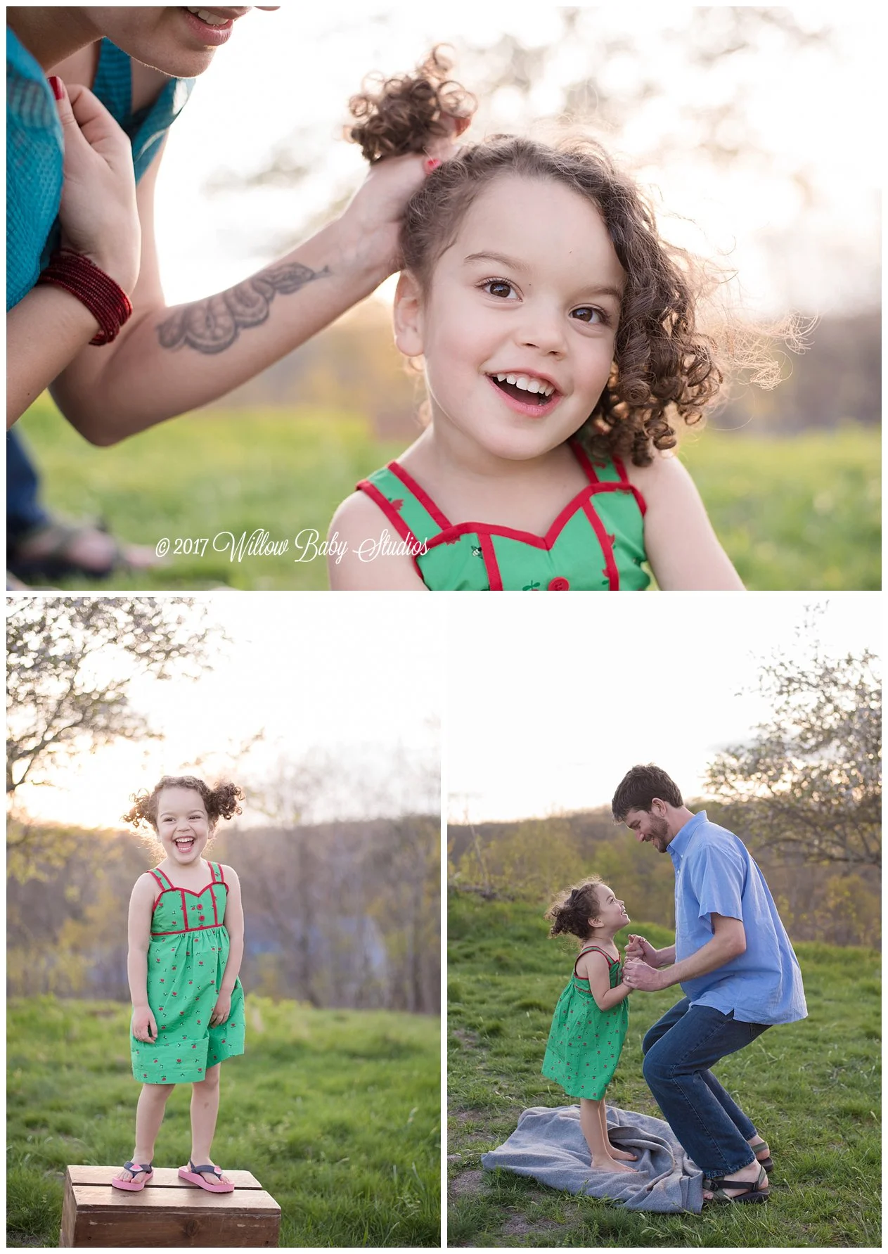 three-photos-mom-doing-daughters-hair, dad lifting daughter