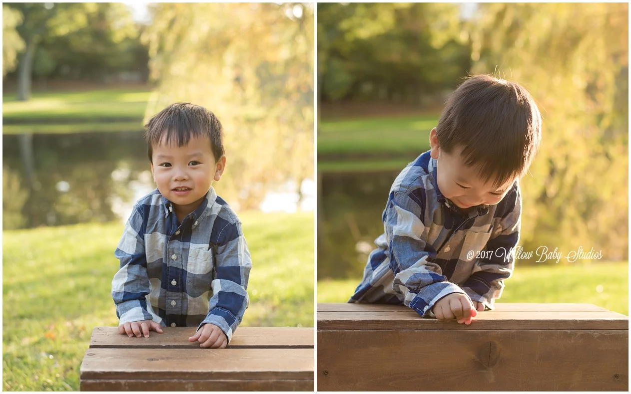 set of two photos - two year old playing outside with a wooden crate