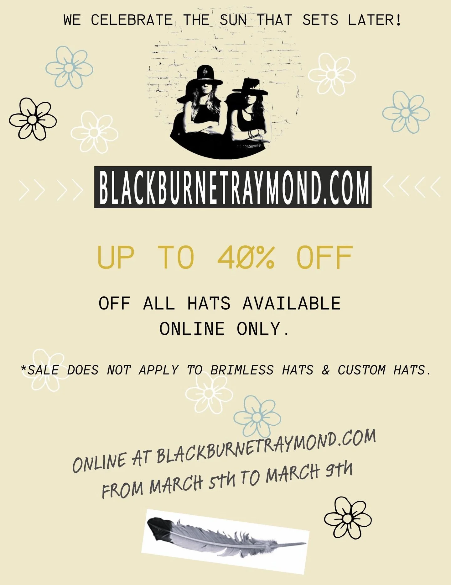 On c&eacute;l&egrave;bre le soleil qui se couche plus tard! Enfin, il sera avec nous un peu plus longtemps! Pr&eacute;pare-toi &agrave; &eacute;changer ta tuque pour un chapeau!
Un belle promo est en cours ce week-end! Tous les chapeaux sont en rabai