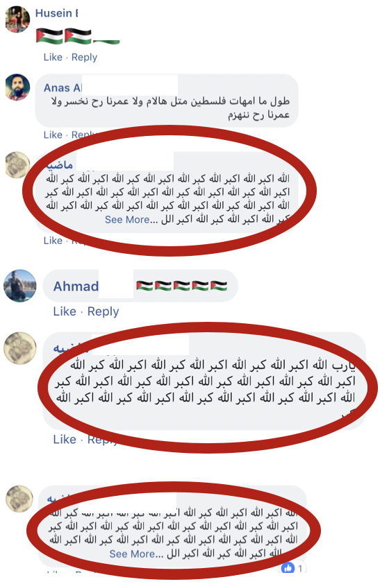 Screenshots of some comments during the live stream of the Abu Hmeid home: “Allahu Akbar” (“God is Greater”)