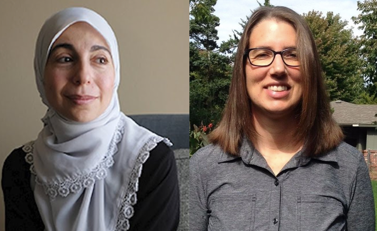 Bahia Amawi (L) of Austin TX was terminated because she refused to sign an “Israel Oath” as part of a contract renewal. Esther Coontz of Wichita KS was barred from being an instructor in Kansas’ math teacher training program for the same reason.