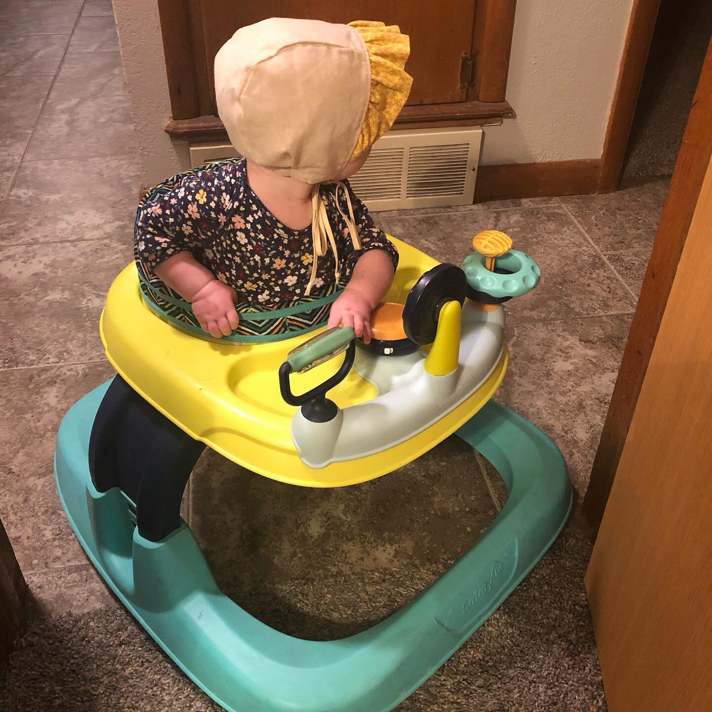 Somehow we have a 10 month old! She&rsquo;s real cute and almost always wearing a @sweet_as_april bonnet. We are borrowing this walker from a friend and it is a perfect late afternoon distraction. How are you holding up today, friends?