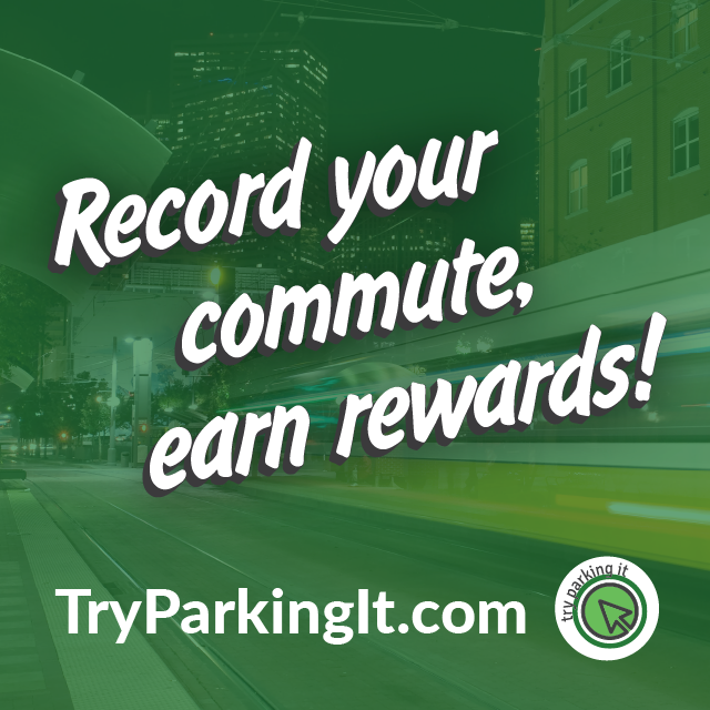 Text reading "Record your commute, earn rewards! TryParkingIt.com" with the Try Parking it logo. A blurred image of a DART train in motion is in the background behind a screen green overlay.
