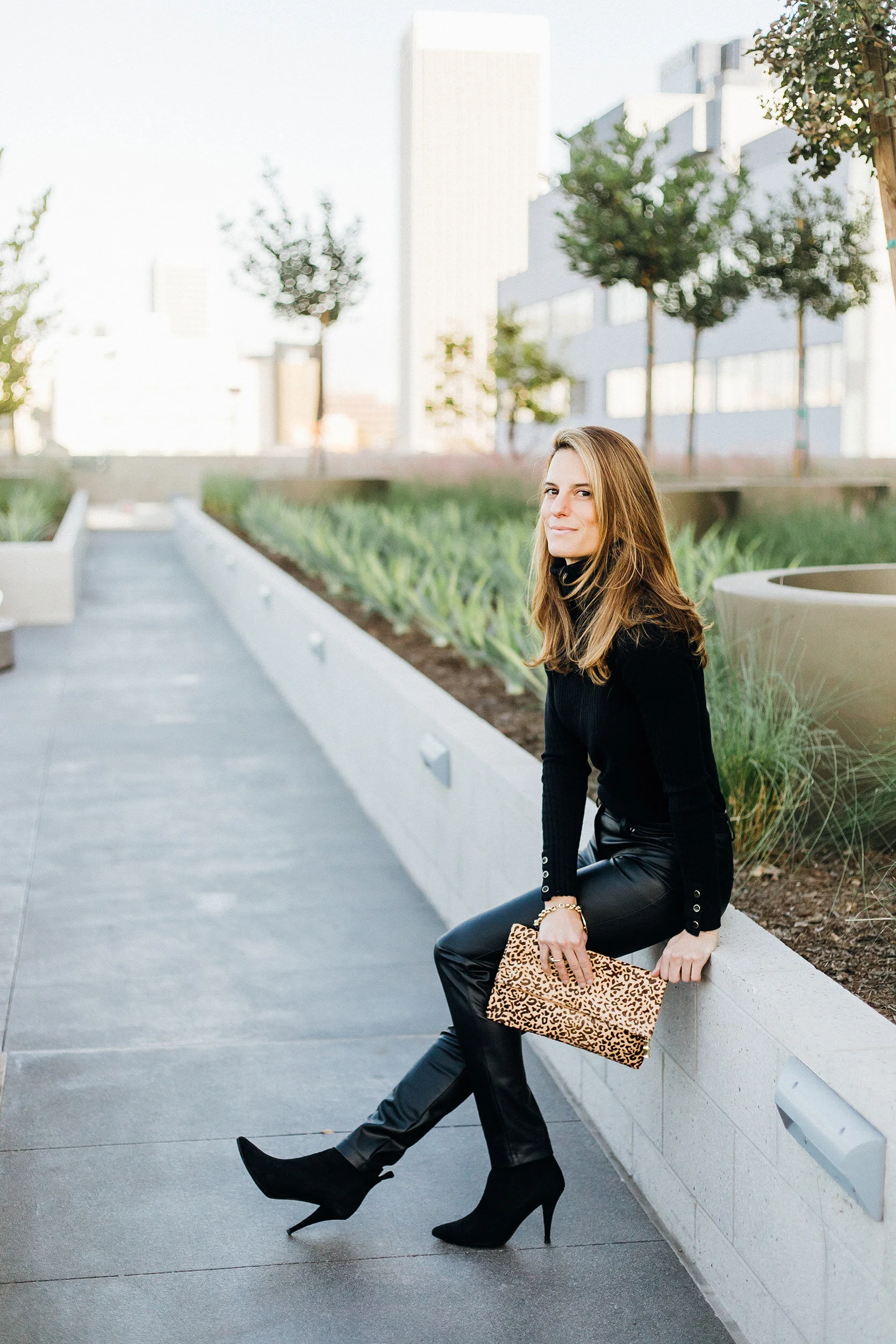 Becca Vegan Leather LeggingBlack TurtleneckLeopard Clutch