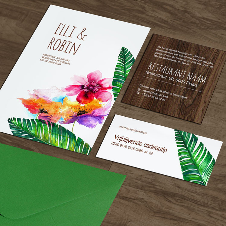 Tropische trouwkaarten met bloemen houtprint Xantifee