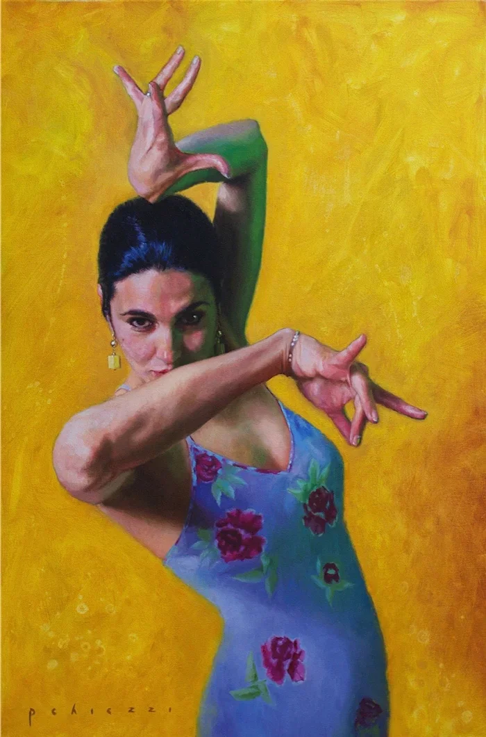 Painting of a woman in a floral dress striking a dance pose against a bright yellow background.