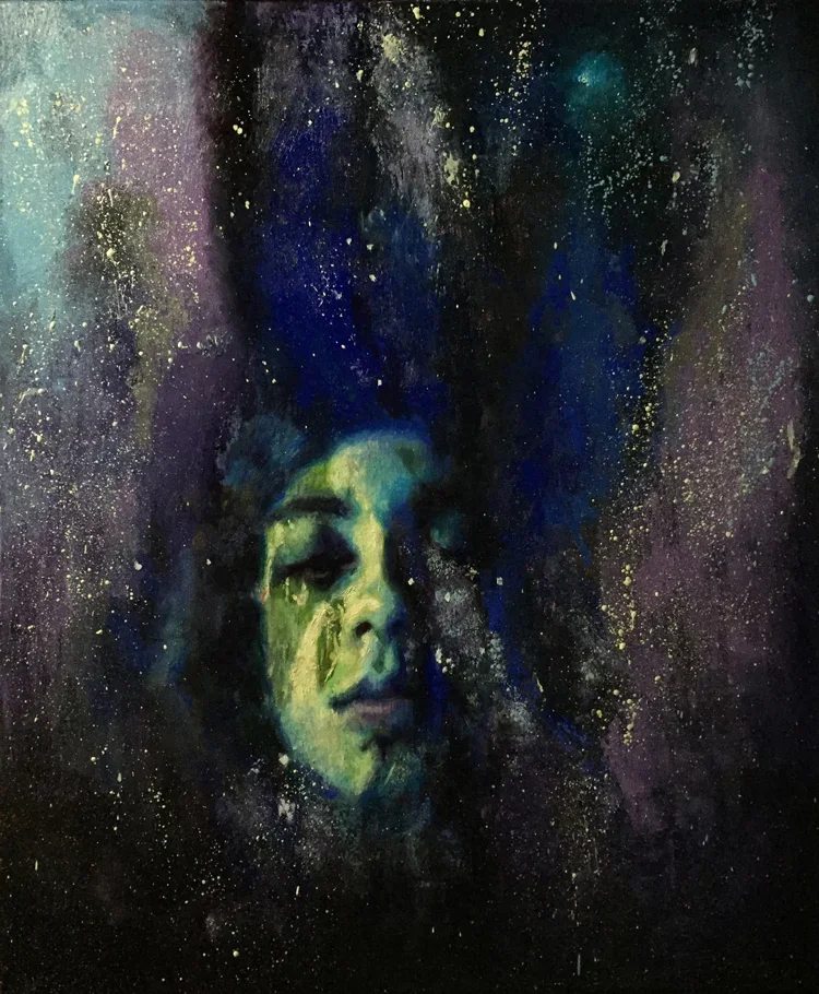 A painting of a woman with makeup, depicted in a cosmic or galaxy scene with stars and nebulae, predominantly in dark blues, purples, and blacks.
