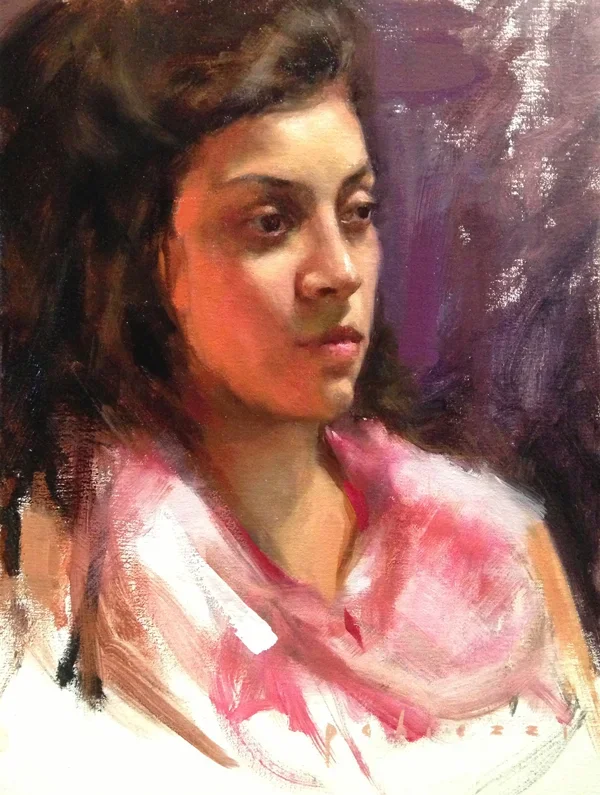 A portrait of a young woman with dark hair, gazing thoughtfully to the side, painted in a realistic style with visible brushstrokes, wearing a pink and white garment with a purple background.