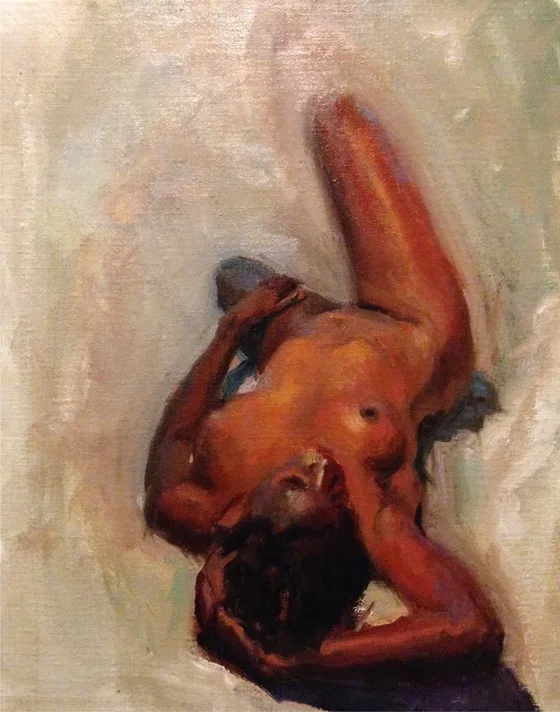 Painting of a nude person lying on the ground with one arm over their face and the other bent, in a relaxed pose.