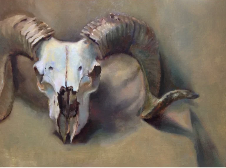 A painting of an animal skull with large curved horns, resembling a ram or a goat, set against a neutral background.