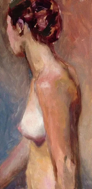 An impressionistic painting of a nude woman with short hair, viewed from behind, with her head turned to the side.