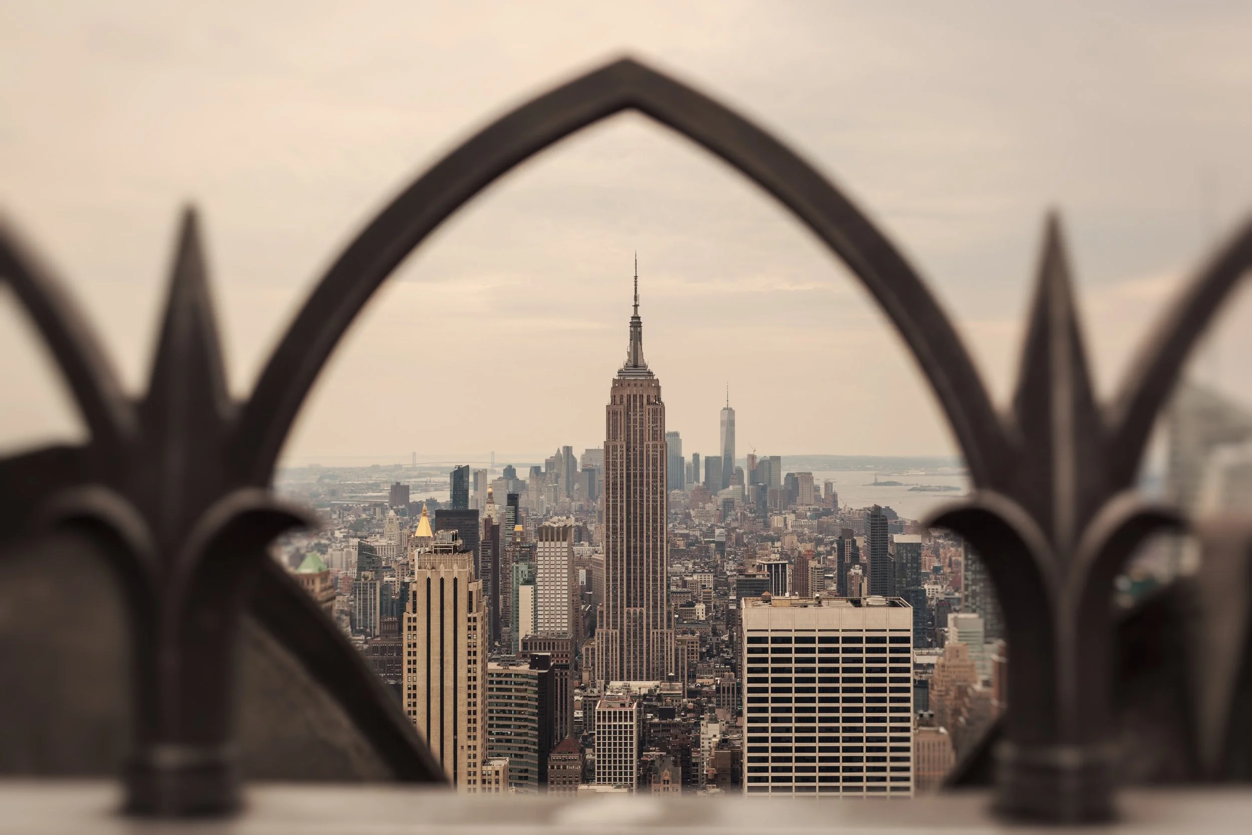 New York City viewed through the rails of the Rockefeller Centre.