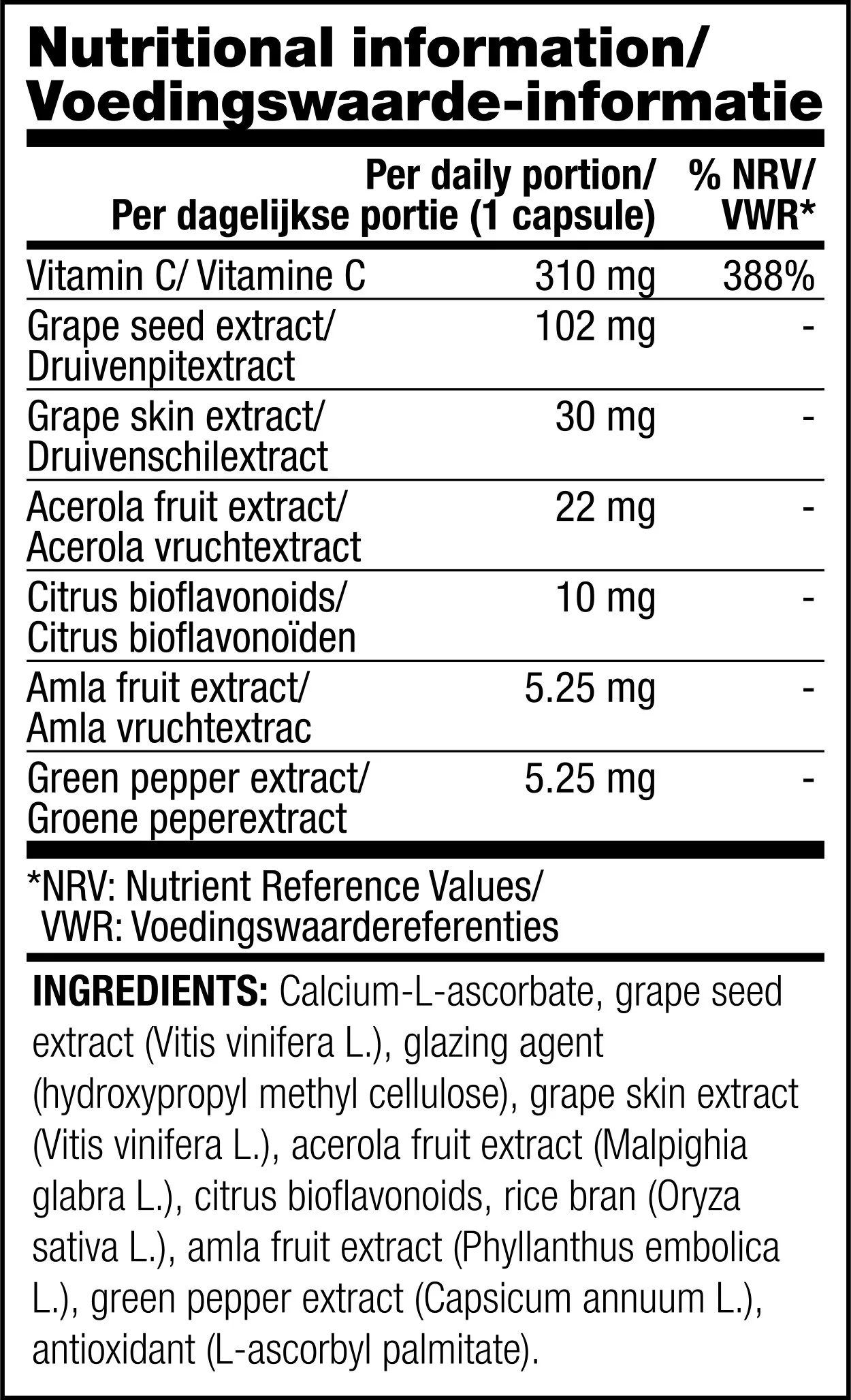 Nutrifii Vinali Nutritional Information