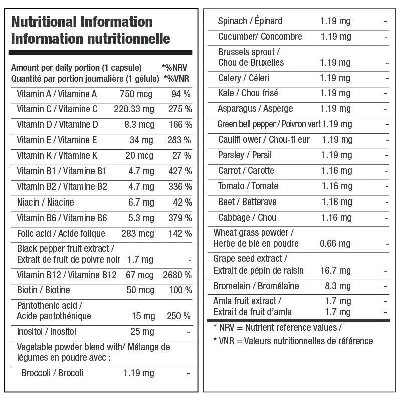 Nutrifii Optimal-V Nutritional Information