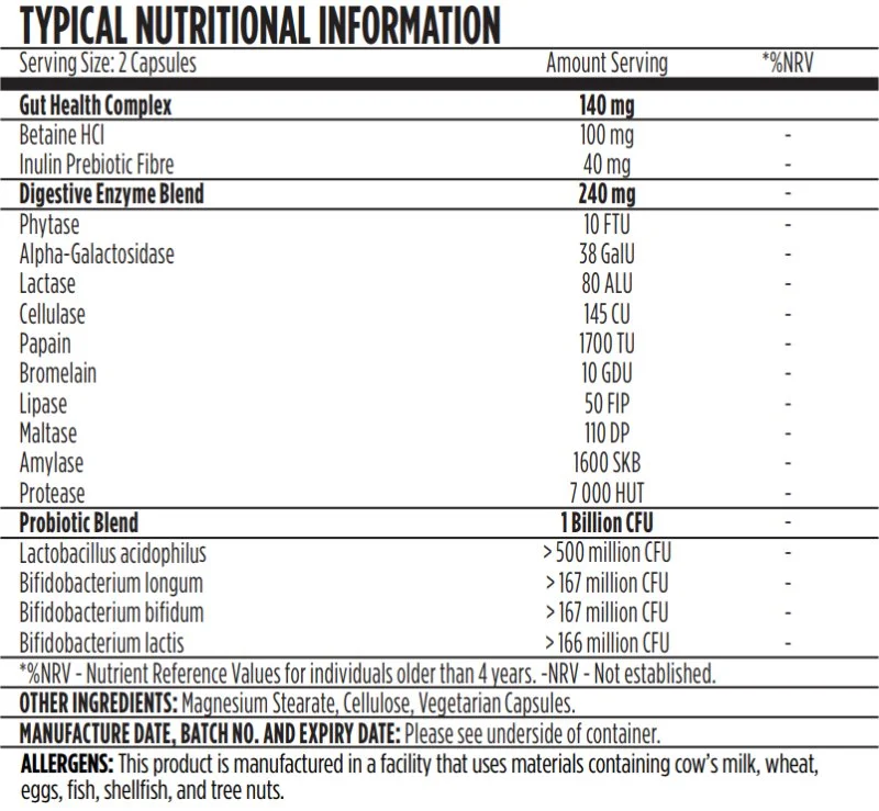 Hiro Digest Assist MX Nutritional Information