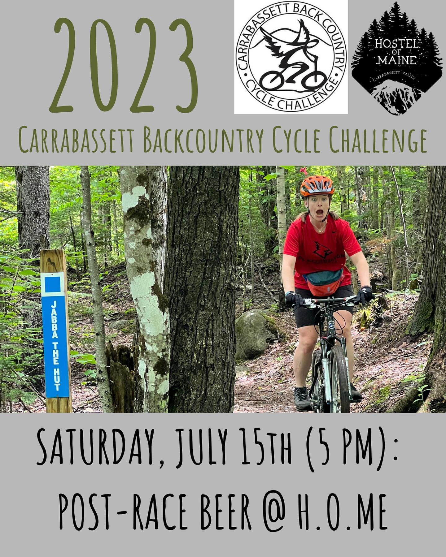 TIME CHANGE ⏰: 

Join us after the Backcountry Cycle Challenge on Saturday, July 15th from 5-8pm for a post-race beer. To all the racers, bring your race bib for 20% off all of your beer. Come hangout and celebrate another successful year in Carrabas