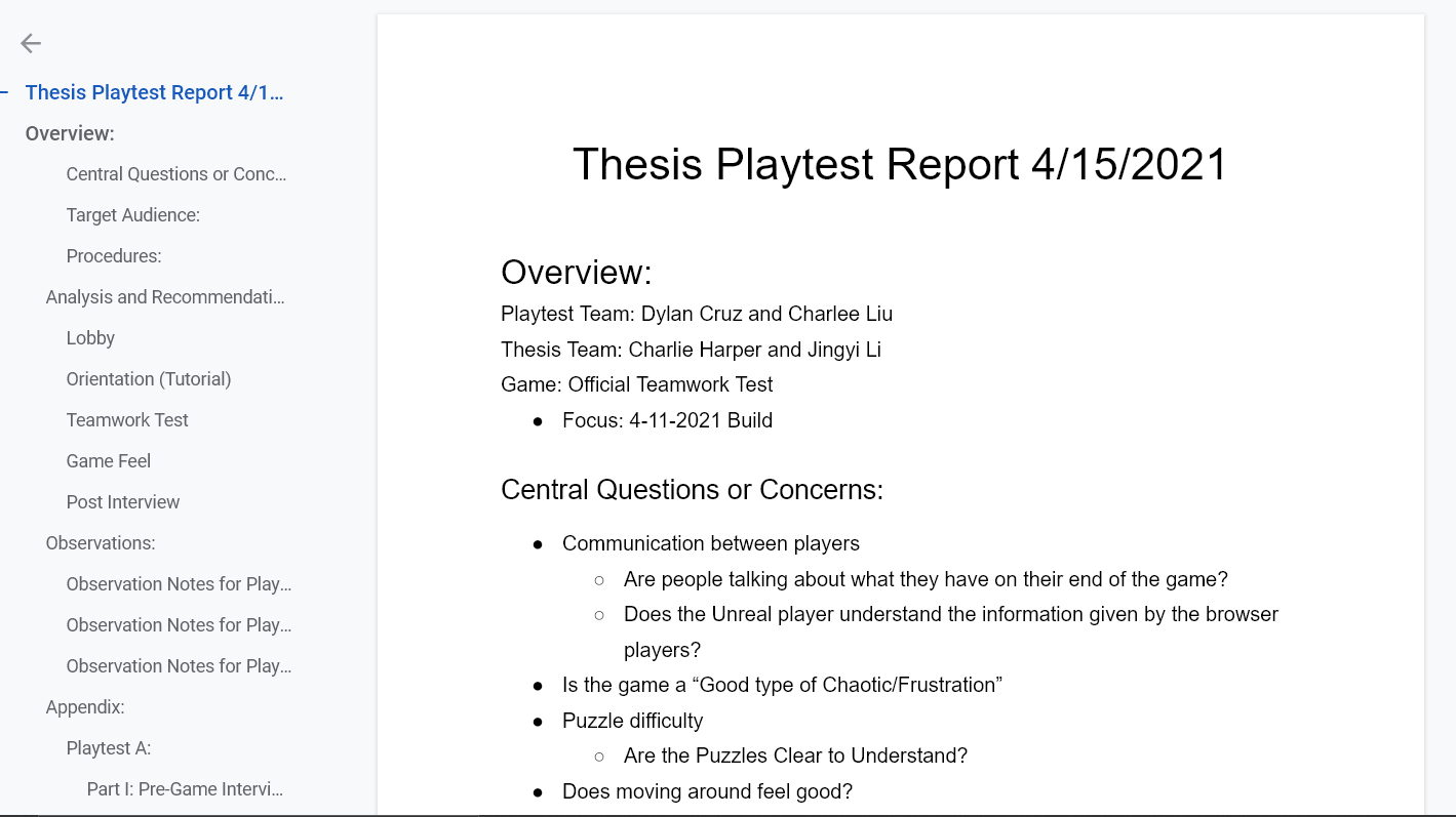 Playtest Report for a NYU Thesis Game