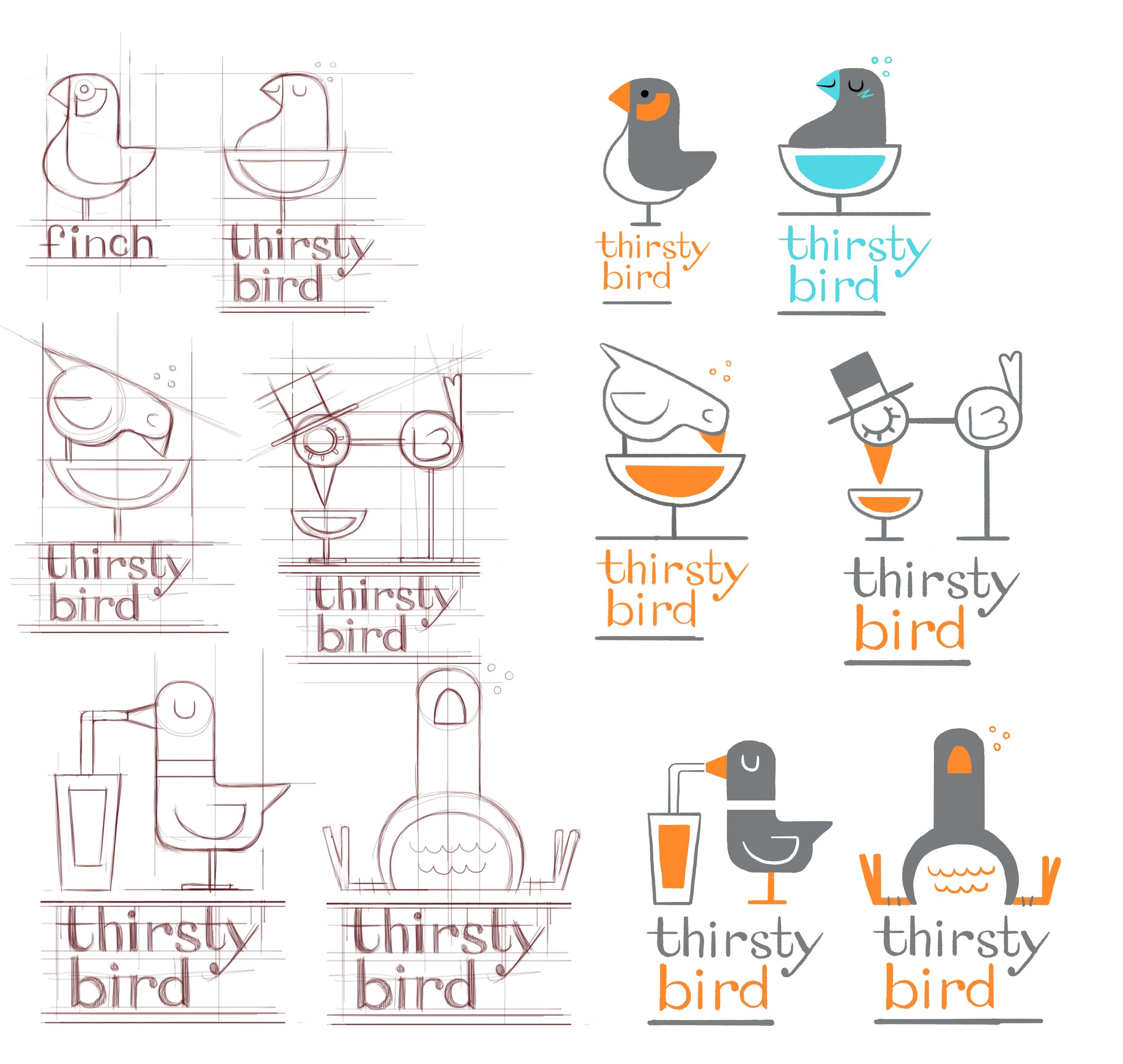 I originally began with an exotic finch as the mascot but decided on the thirsty bird due to the playful drinks they offered. 