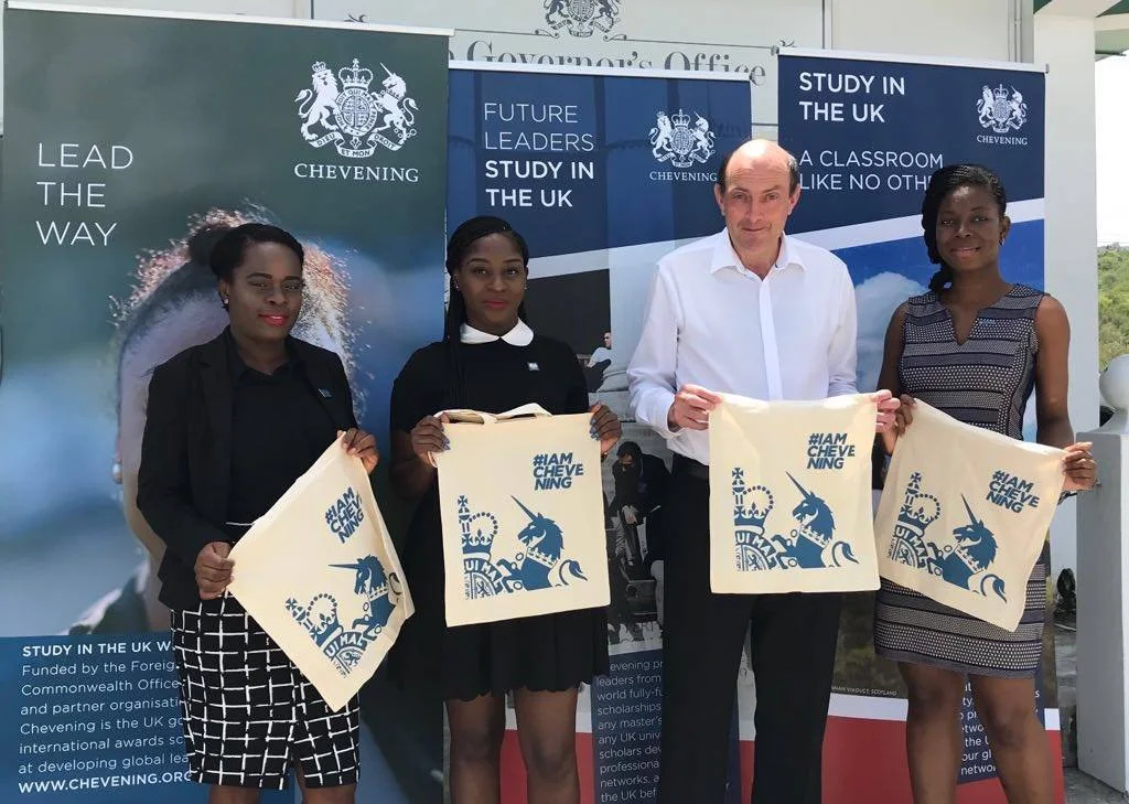 2018 Chevening Scholarship Recipients pose with HE Andrew Pearce 