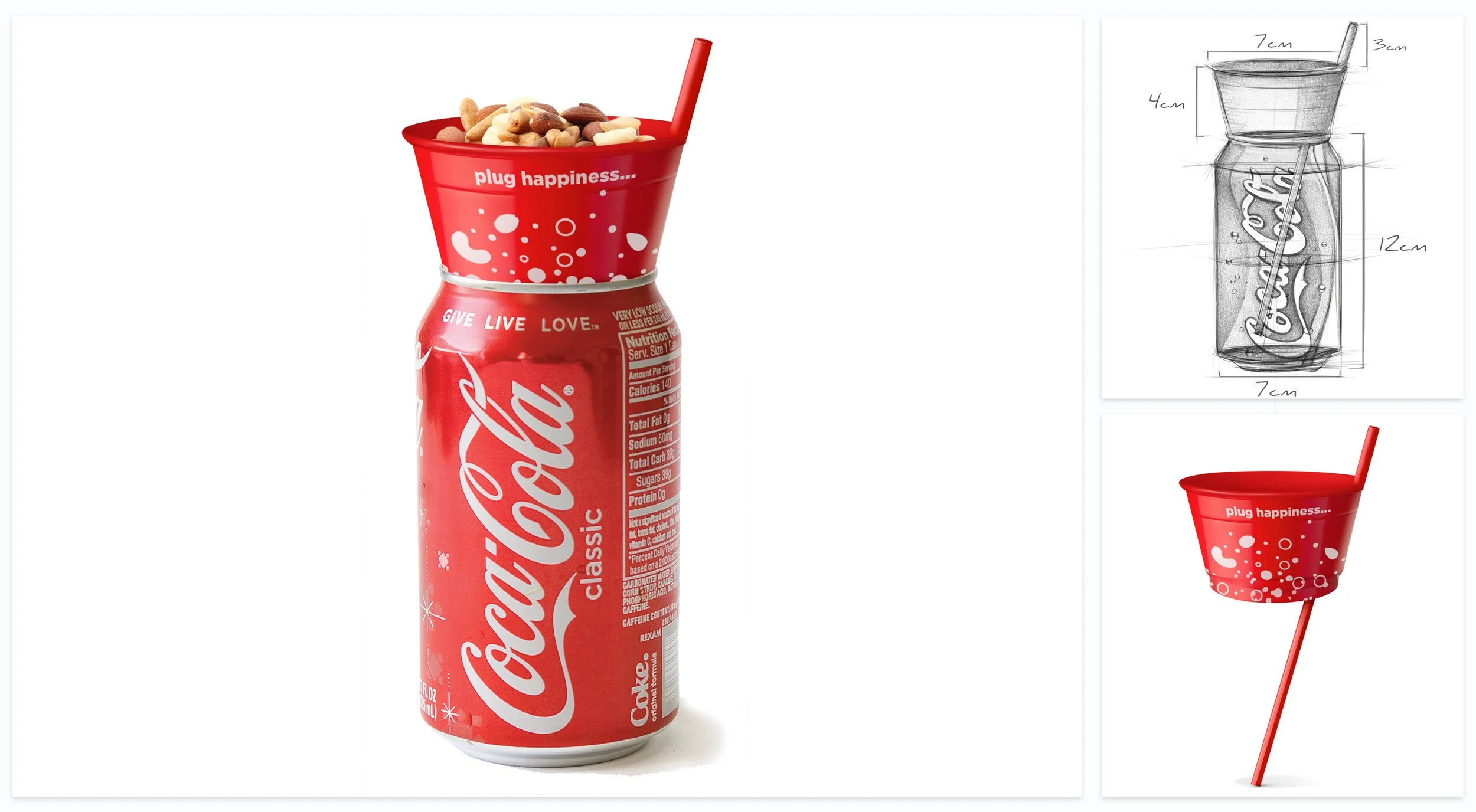  A proactive concept that was developed for Coca Cola. The idea was to combine drinking coke with savory snacks through a simple add-on that can be mounted on top of a coke can. The design, coming from Coca Cola’s main selling line; Open Happiness wa