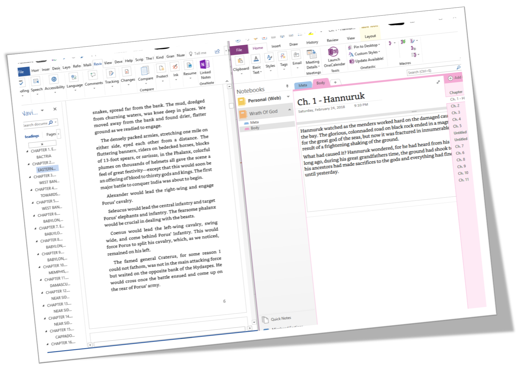 On the left is writing on Word, and on the right, OneNote