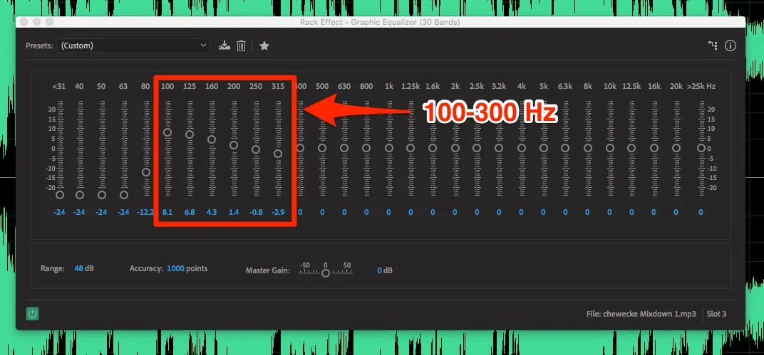 Podcasters can remove some of the “boominess” in their recording by making adjustments in the 100-300 Hz range.
