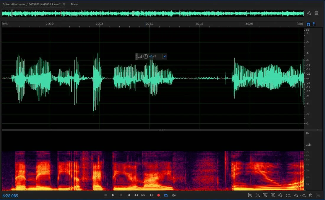 Using Adobe Audition’s Spectral Frequency Display to manually remove clicks from podcast audio.