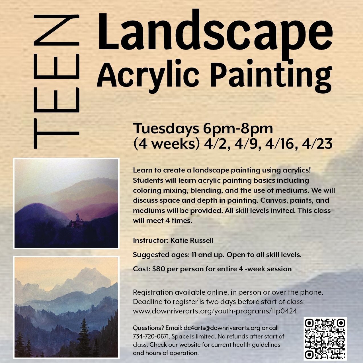 Learn to create a landscape painting using acrylics! The focus will be on acrylic painting basics such as color mixing, blending, and the use of mediums to create space and depth in your paintings. All necessary materials, including canvas, paints, a