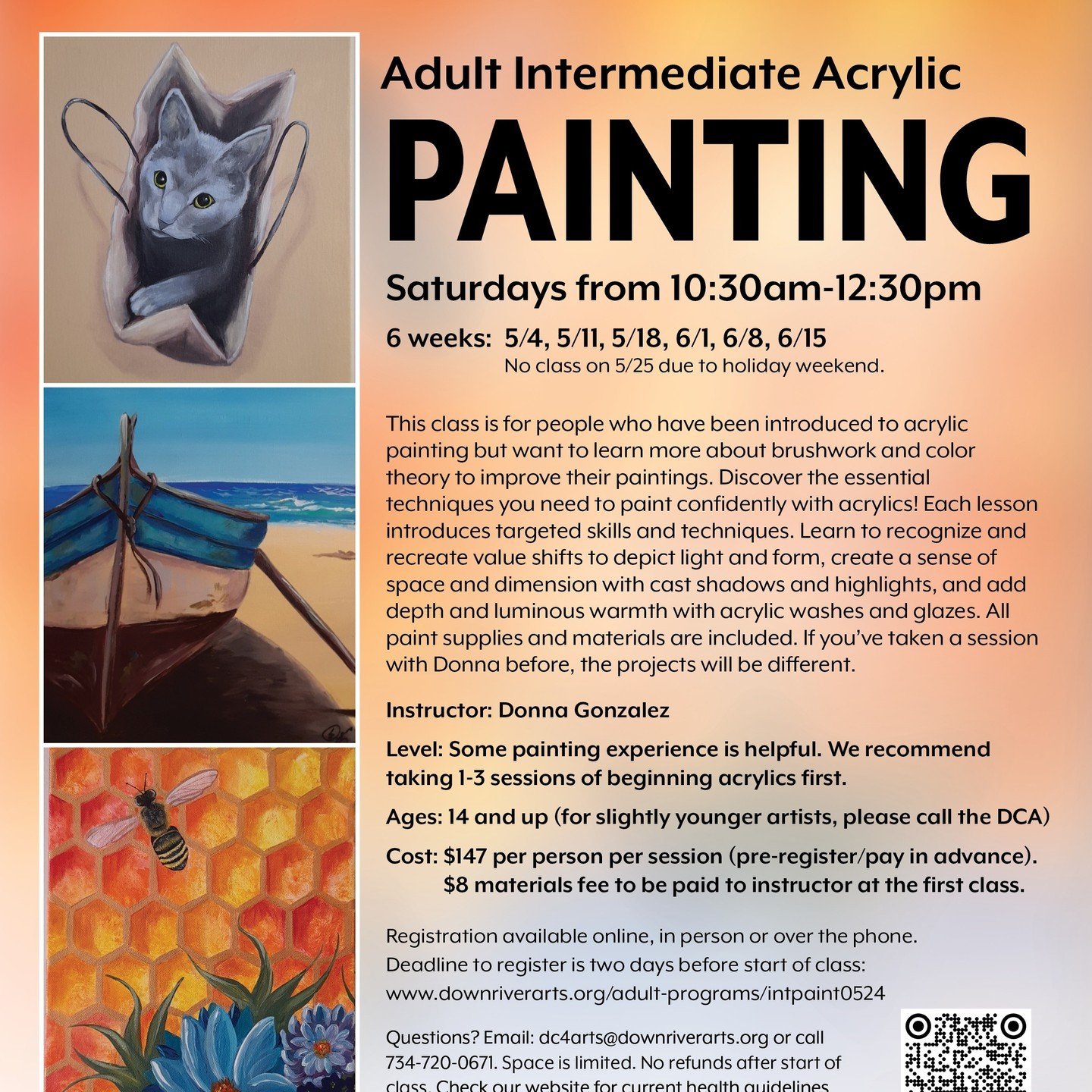 Last chance to register for for Immediate Level Acrylics class! This class is for people who have been introduced to acrylic painting but want to learn more about brushwork and color theory to improve their paintings. Discover the essential technique