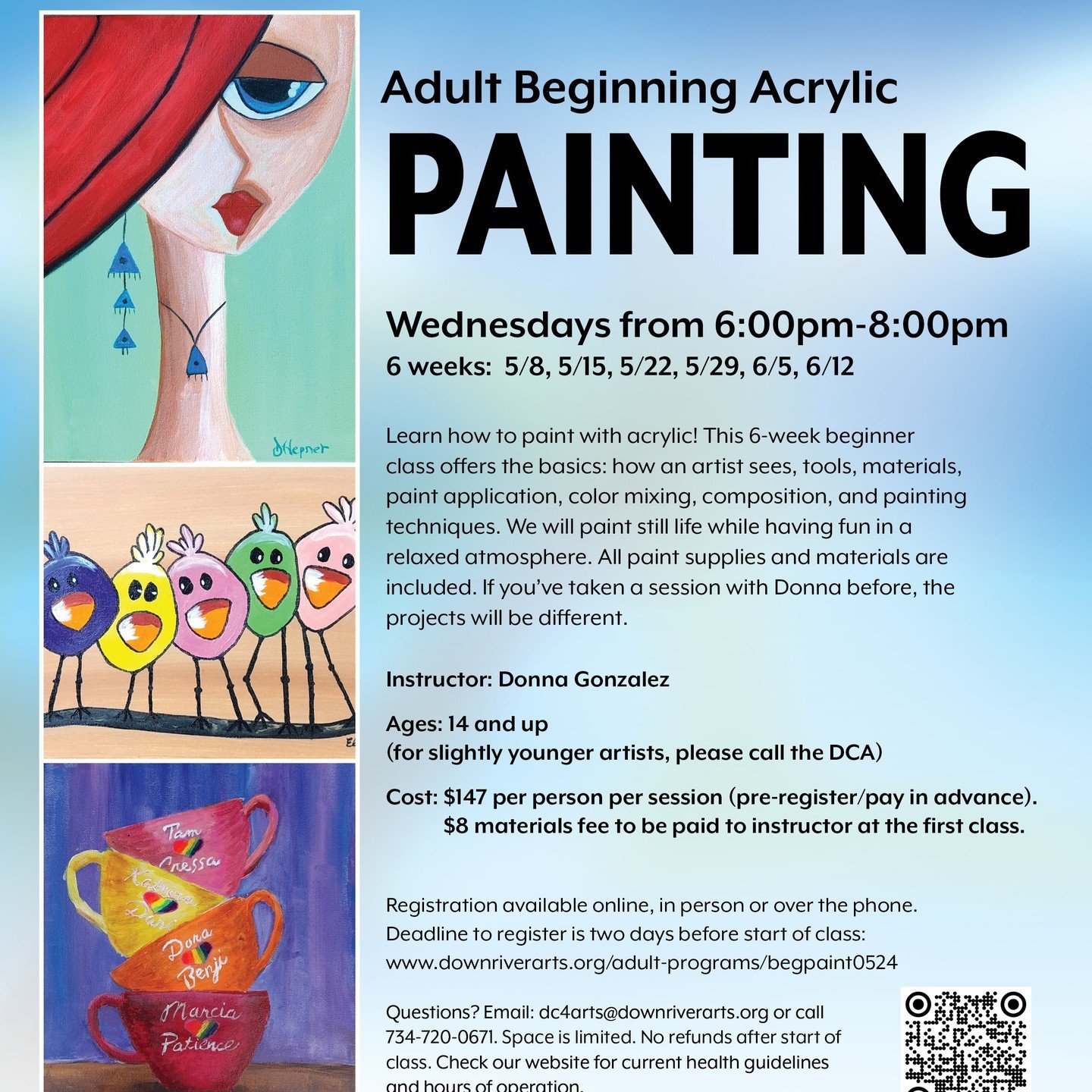Learn how to paint with acrylic! This 4-week beginner class offers the basics: how an artist sees, tools, materials, paint application, color mixing, composition, and painting techniques. Beginner Level on Wednesdays from 6:00-8:00pm. Hurry and regis