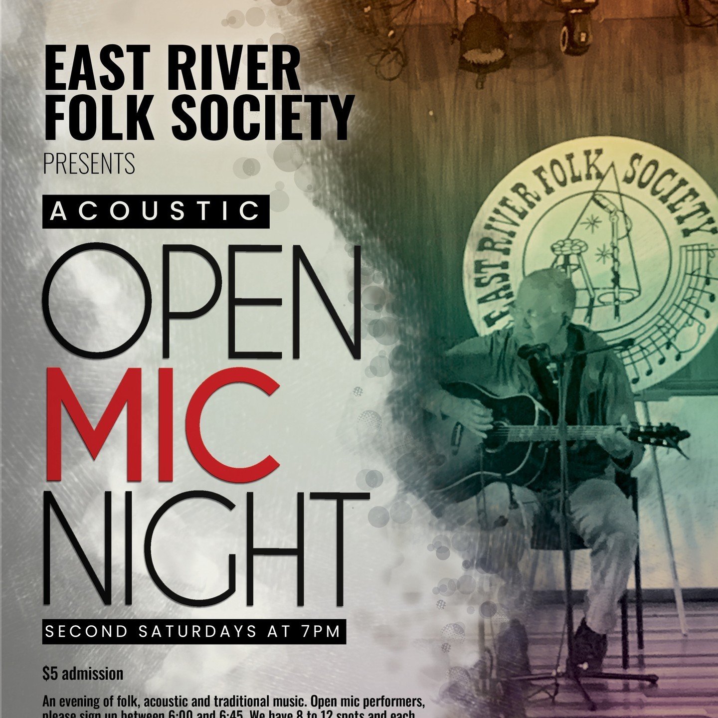 The next East River Folk Society Acoustic Open Mic Night is Saturday, May 11! You&rsquo;ll be in for an evening of folk, acoustic and traditional music starting at 7:00pm. Open mic performers, please sign up between 6:00 and 6:45. We have 8 to 12 spo