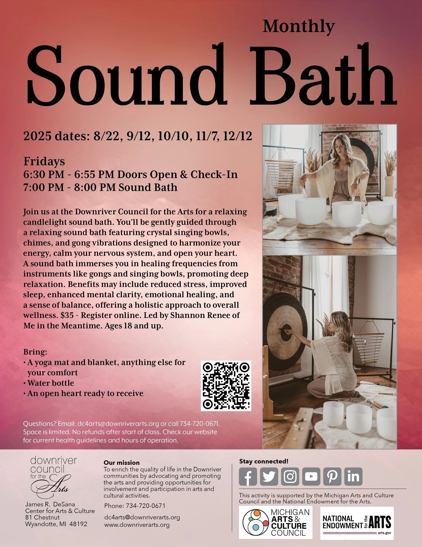 ✨ Soothe your soul under the glow of candlelight ✨
Join us for Sound Bath by Candlelight at Downriver Council for the Arts. Next session is 10/10.

Guided by Shannon Renee of Me in the Meantime, you&rsquo;ll be immersed in the tranquil tones of cryst