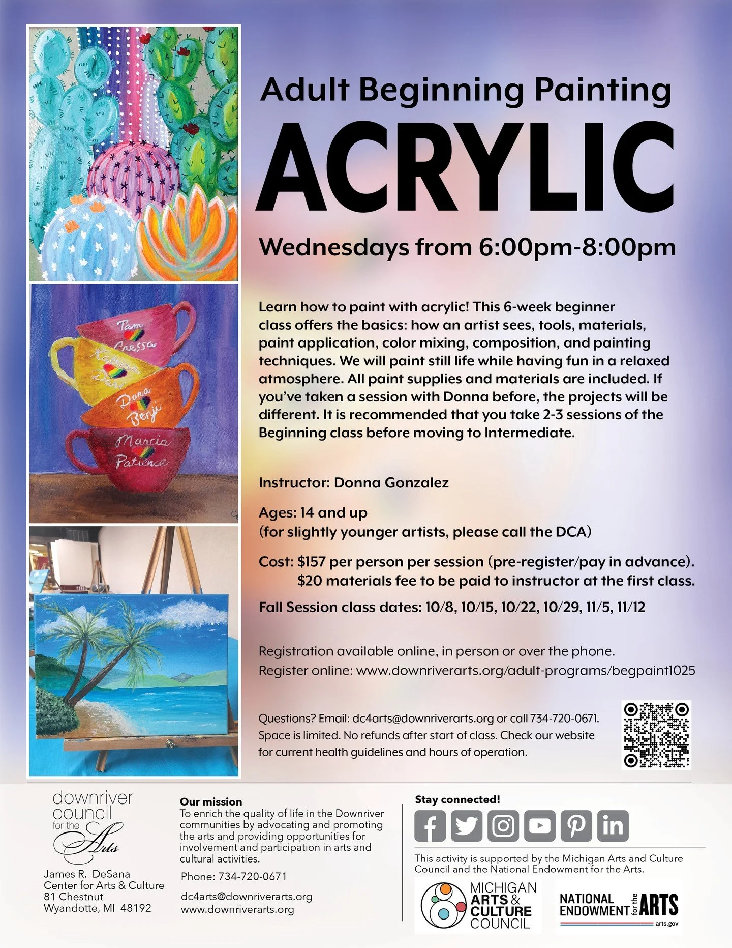 The next session of Beginning Acrylics starts on 10/8! This will be the last one for this year. Learn how to paint with acrylic! This 6-week beginner class offers the basics: how an artist sees, tools, materials, paint application, color mixing, comp
