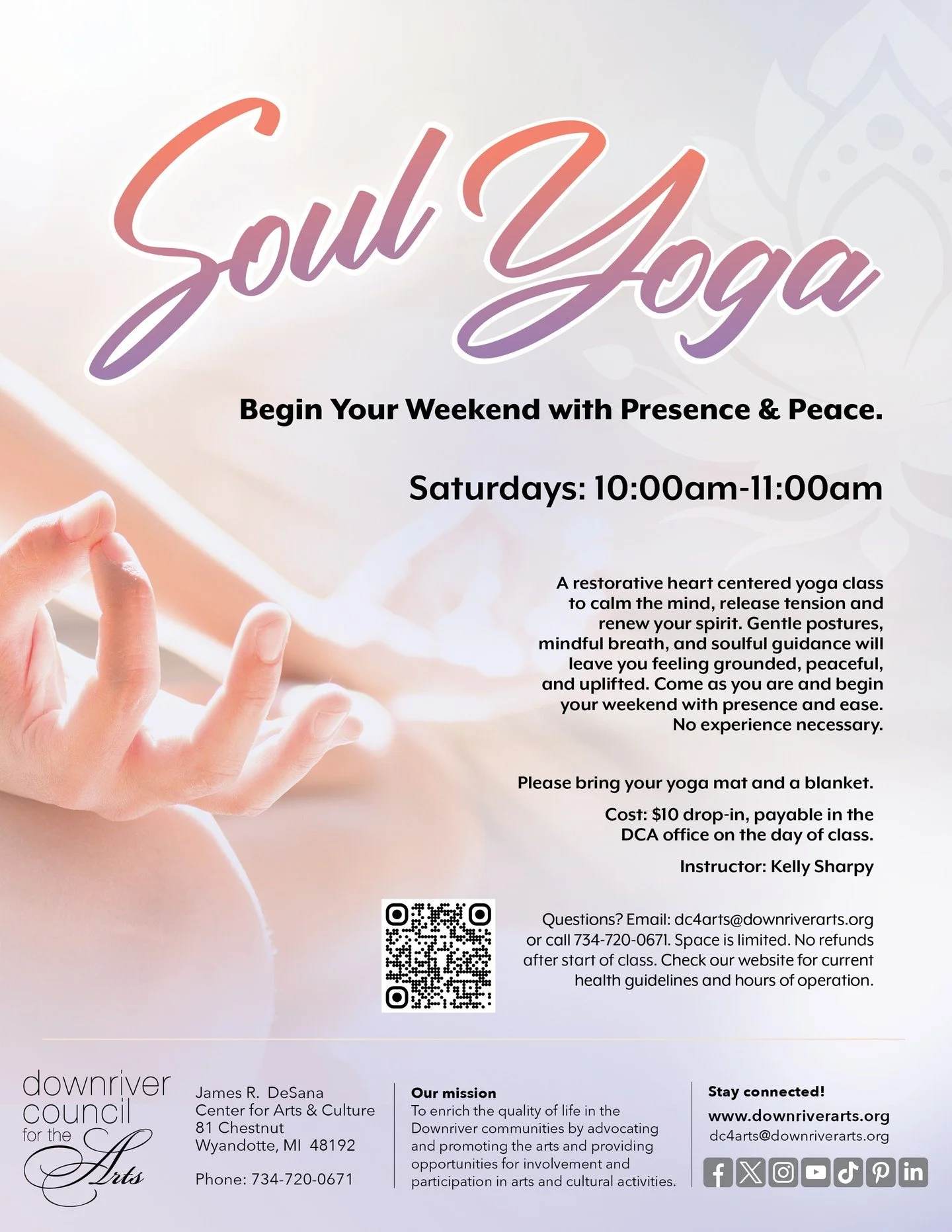 Begin Your Weekend with Presence & Peace. Saturdays 10:00am-11:00am.
A restorative heart centered yoga class to calm the mind, release tension and renew your spirit. Gentle postures, mindful breath, and soulful guidance will leave you feeling gro