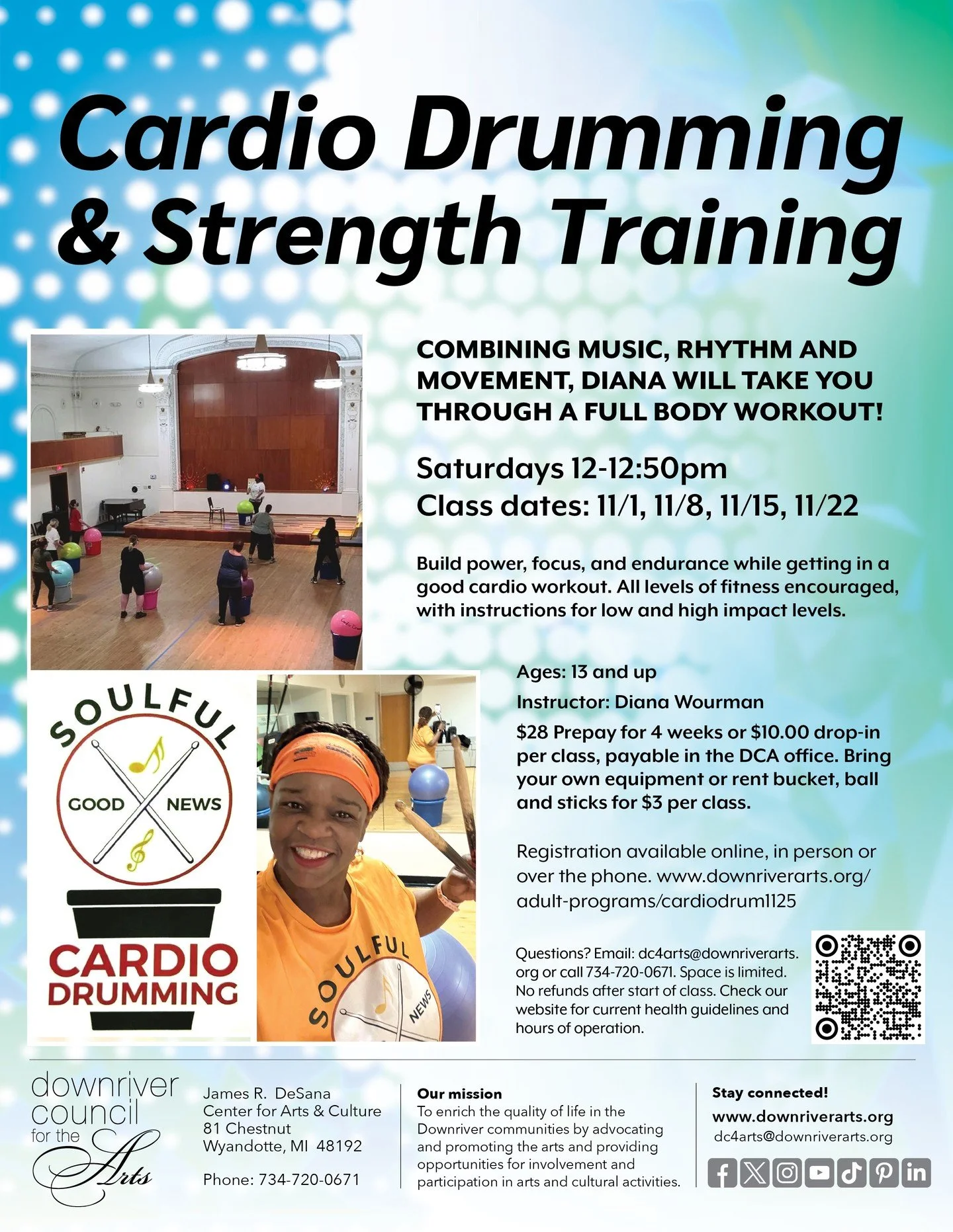 CARDIO DRUMMING - Combining music, rhythm and movement, Diana will take you through a full body workout! Next session starts 11/1! Now you can register online with no fees! For more information and to sign up: https://loom.ly/84-vjIE
#cardiodrumming