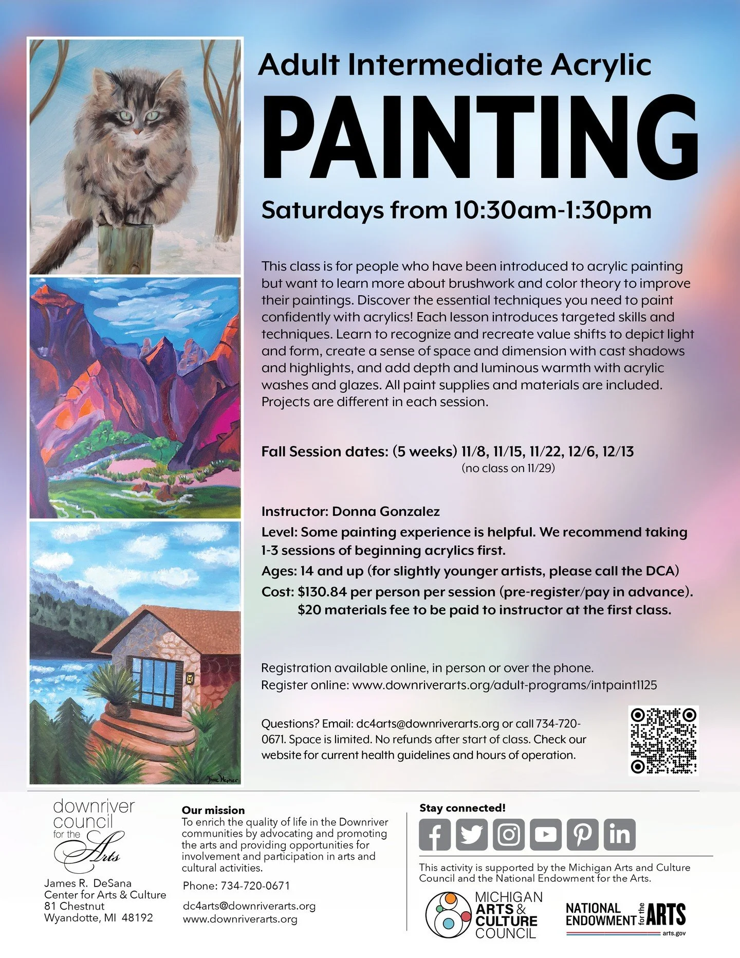 The next session of Intermediate (and Advanced) Painting starts tomorrow! This is a 5-week session for artists who have a basic knowledge of acrylic painting who want to dive deeper into their learning and improve on their skills.
https://loom.ly/gJL