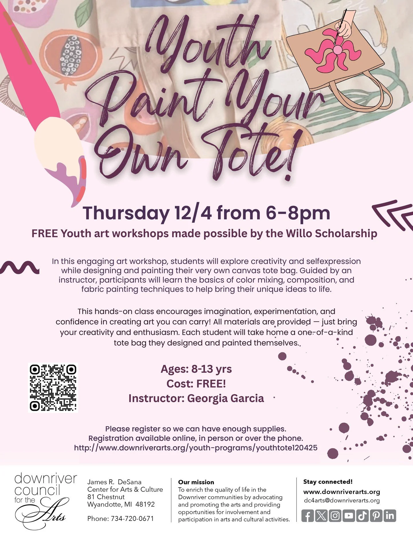 On December 4 from 6&ndash;8 pm, Downriver youth ages 8-13 are invited to paint their own totes! Whether they love doodling, patterns, or bold colors &mdash; this is their chance to make a one-of-a-kind tote bag to take home. Instructor-led, hands-on