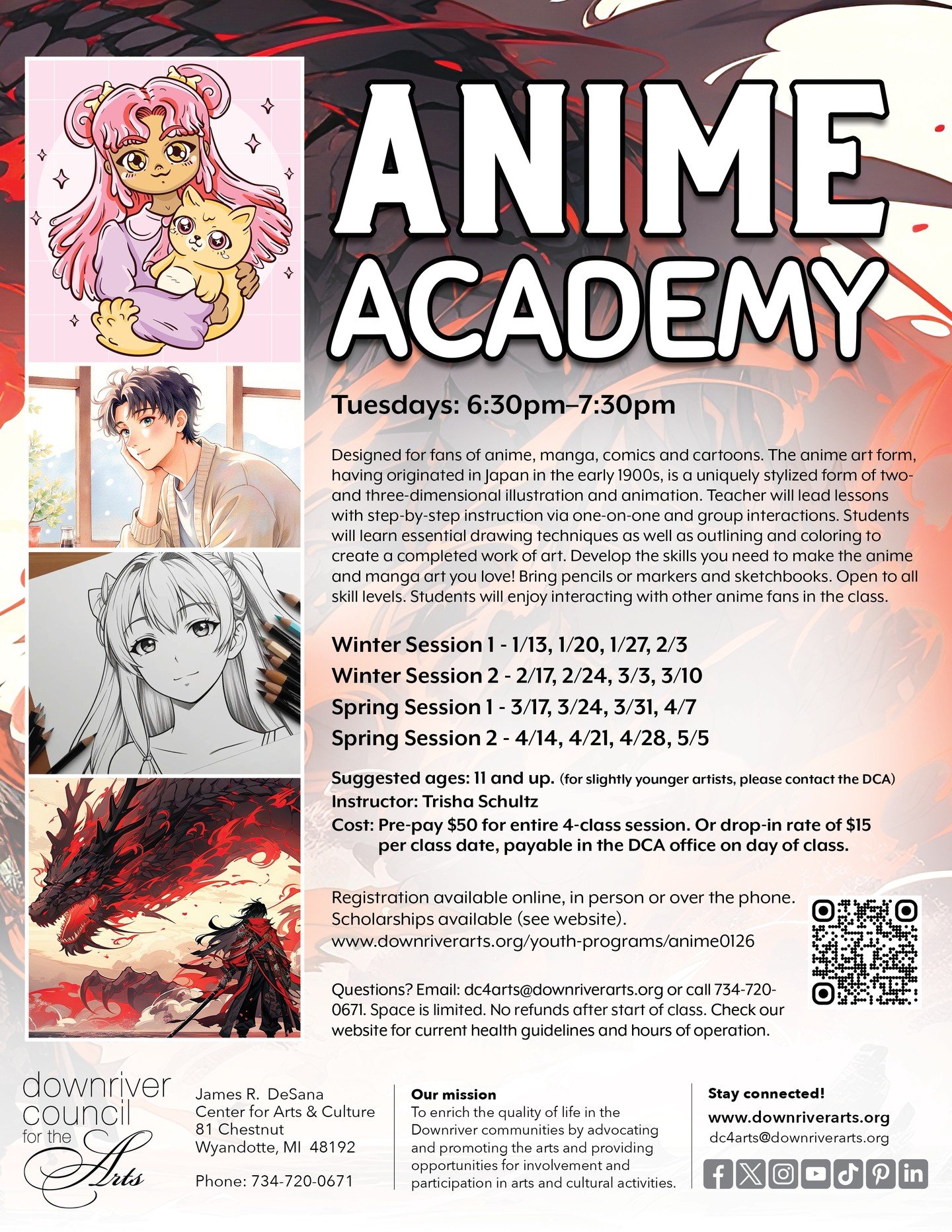 Calling all anime and manga fans ages 11+! 📣 Join us on Tuesdays from 6:30&ndash;7:30 PM for Anime Academy at Downriver Council for the Arts. Whether you&rsquo;re a beginner or seasoned doodler &mdash; you&rsquo;ll learn drawing, outlining &amp; col